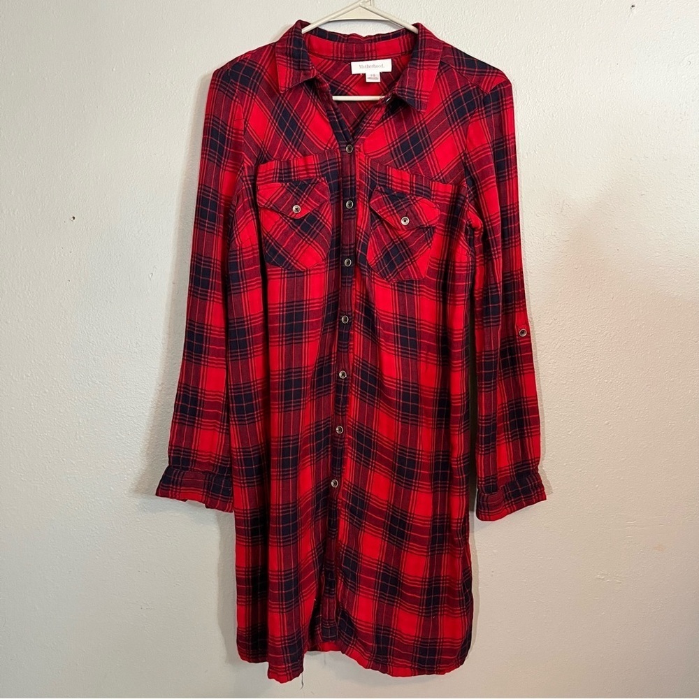 Motherhood Maternity Red and Black Plaid Long Sleeve Maternity Dress